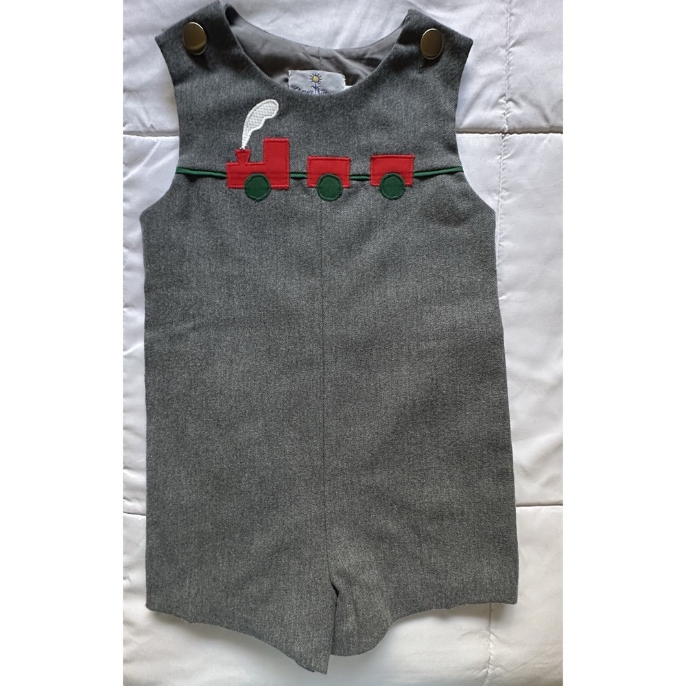 VTG Florence Eiseman IMAGNIN Grey Romper One Piece 4T Red Train - Picture 1 of 5